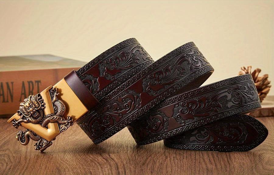 Men's Ratchet Leather Belt Engraved Vintage Dragon Leather Ratchet Belt for Men Eagle Button Belt Adjustable Brown