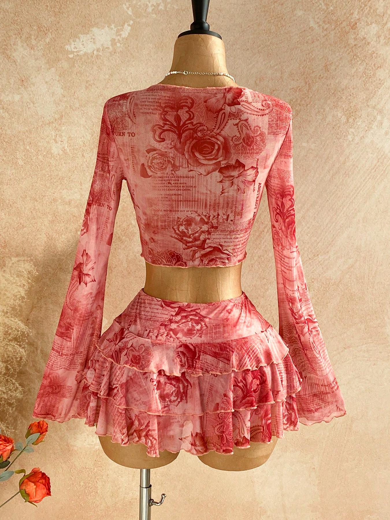 2 Piece Women's Floral Print Mesh Long Sleeve Tie Front Top and Ruffle Mini Skirt Set, Summer Beach Outfit, Fashion Clothing Set
