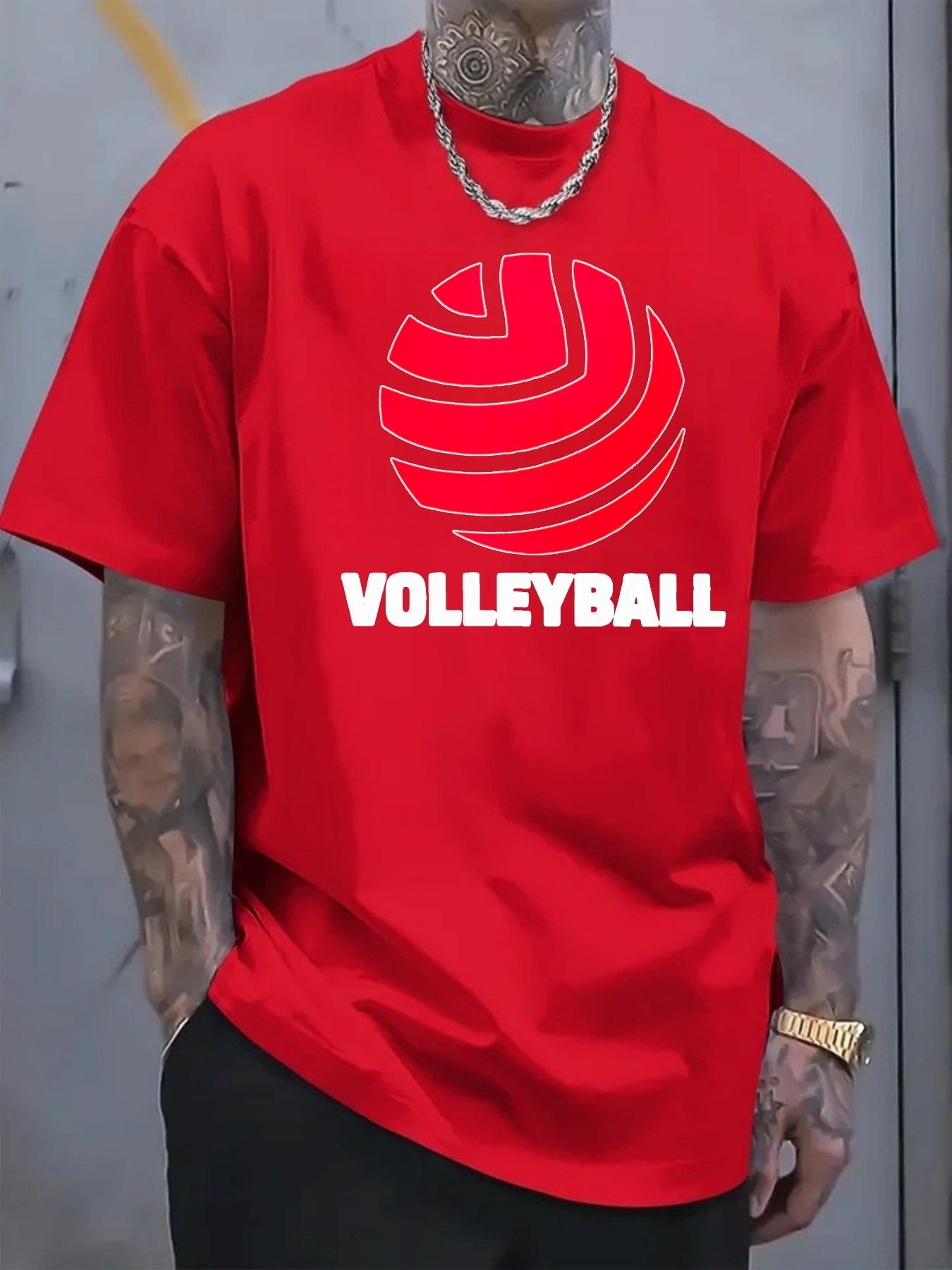 Men's T-shirt, short sleeve with volleyball pattern print and text, casual for volleyball sports, suitable for outdoor sports and fitness wear in summer