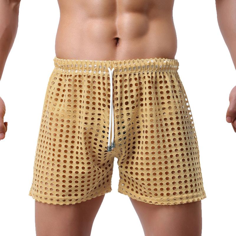 Mens Hollow Mesh Shorts Loose Fit See Through Mid Length Boxer Style Breathable Sexy Elastic Drawstring Shorts Low Waist Lightweight Soft Fabric Summer Loungewear Streetwear Trendy Nightwear Stylish Comfortable for All Seasons