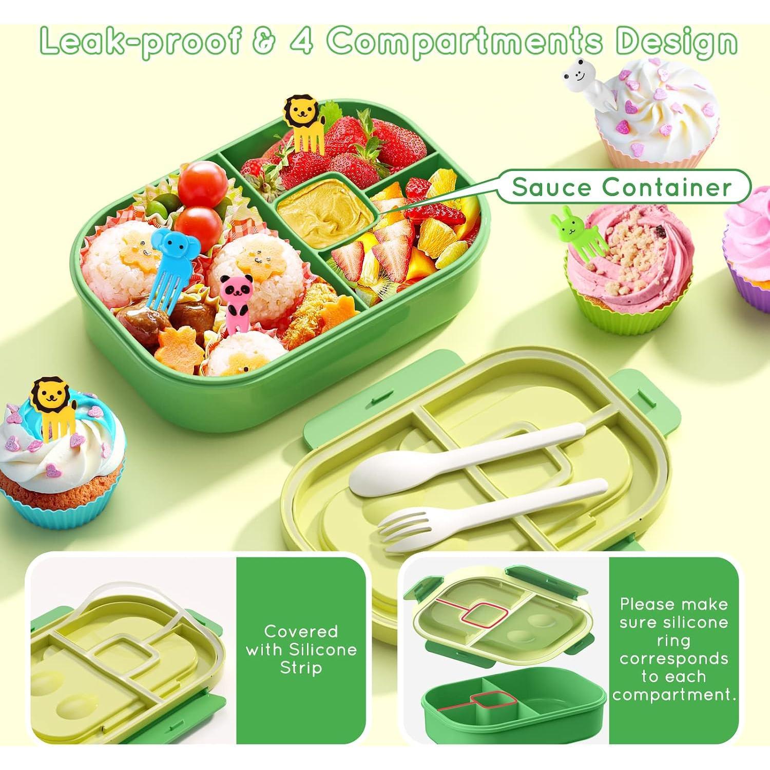 Plastic Bento Lunch Box Set with Lid - Leakproof 44oz 4-Compartment Tableware with Cutlery for Kids' School Meal Packing (Green)