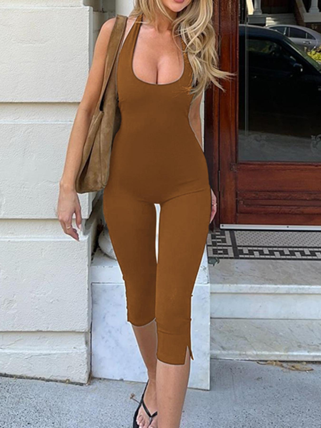 Women's Solid Color Jumpsuit, Casual Comfy Sleeveless Skinny Jumpsuit for Summer, Ladies' Clothes for Daily Wear