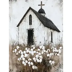 5D DIY Diamond Painting Kit Vintage White Country Church Cross Cotton Field Religious Landscape Art Pattern, Full Round & Square Drill Rhinestone Mosaic Cross Stitch Craft Kit, Handmade Ornament Wall Art Home Decor Gift for Living Room Bedroom