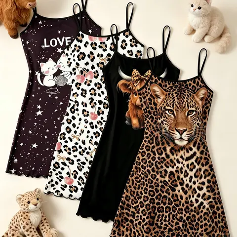 4-Piece Upgraded Women's Nightgowns Set Y2K Edgy Aesthetic Leopard Cheetah Cat Cherry Print Summer Spaghetti Strap Lettuce Hem Soft Silky Girly Relaxed Fit Sleepwear Loungewear Novelty Nightwear for Cozy Home Daily Wear Nightdress Sleepwear