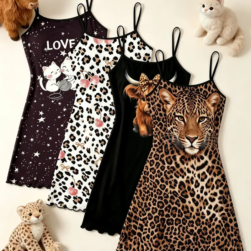 4-Piece Upgraded Women's Nightgowns Set Y2K Edgy Aesthetic Leopard Cheetah Cat Cherry Print Summer Spaghetti Strap Lettuce Hem Soft Silky Girly Relaxed Fit Sleepwear Loungewear Novelty Nightwear for Cozy Home Daily Wear Nightdress Sleepwear