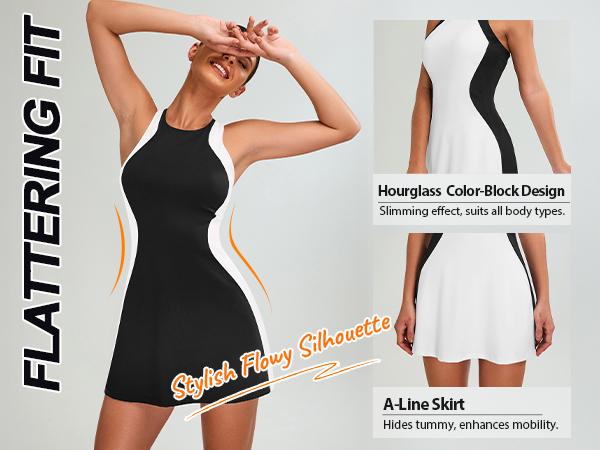 Blooming Jelly Women Tennis Dress Casual Athletic Color Block Outfit Racerback Built in Bra Golf Separate Shorts with Pocket