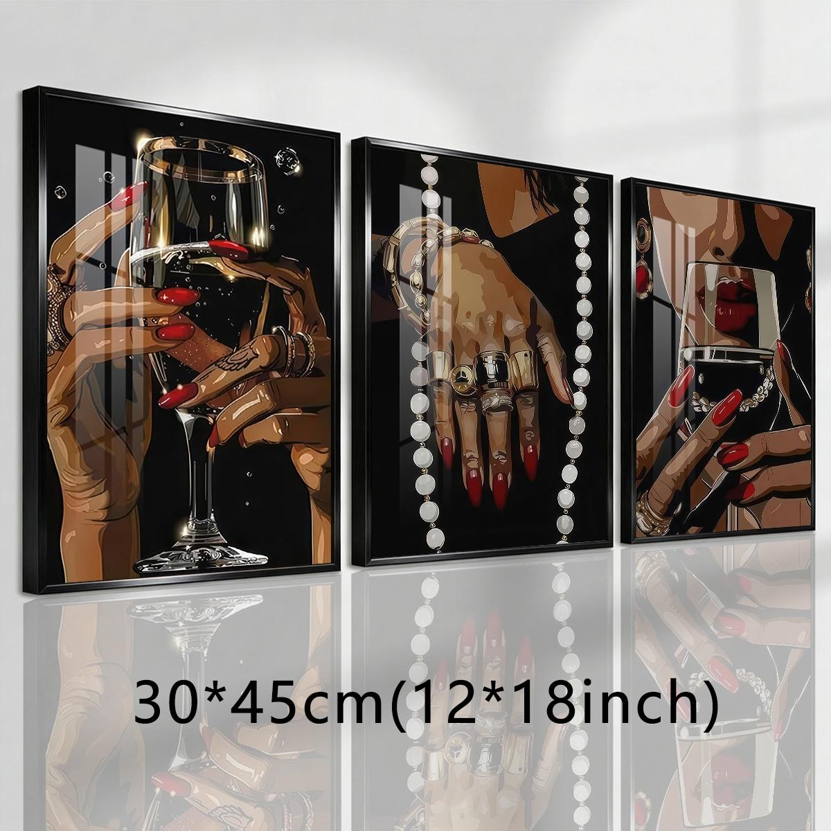 3 Counts Aluminum Alloy Framed Painting, Elegant Woman Hands With Wine Glass And Jewelry Pictures, Home Decoration For Living Room, Bedroom, Office, Restaurant, Hallway Wall Decor, Odorless Print Artwork, Luxury Perfect Gift For Friends And Family