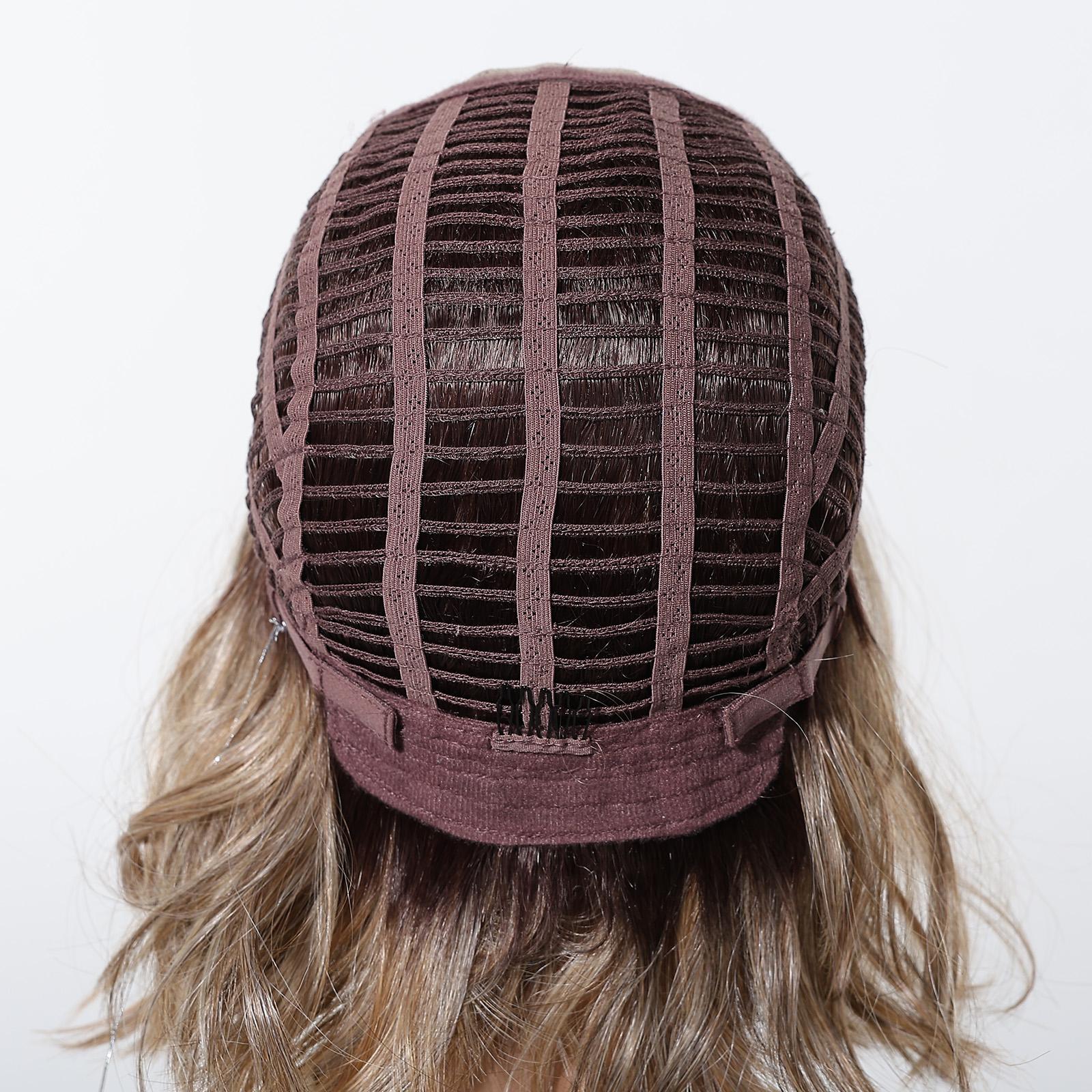 Topshe Hand Tied Mono Base Short Bob Wig, Dark Root Ash Brown Highlight Flip Out Loose Wave Bob, Breathable Mono Top Realistic Scalp, Glueless Wear & Go No Bleach, Tangle Free Heat Resistant Synthetic Hair, Synthetic Material Wigs