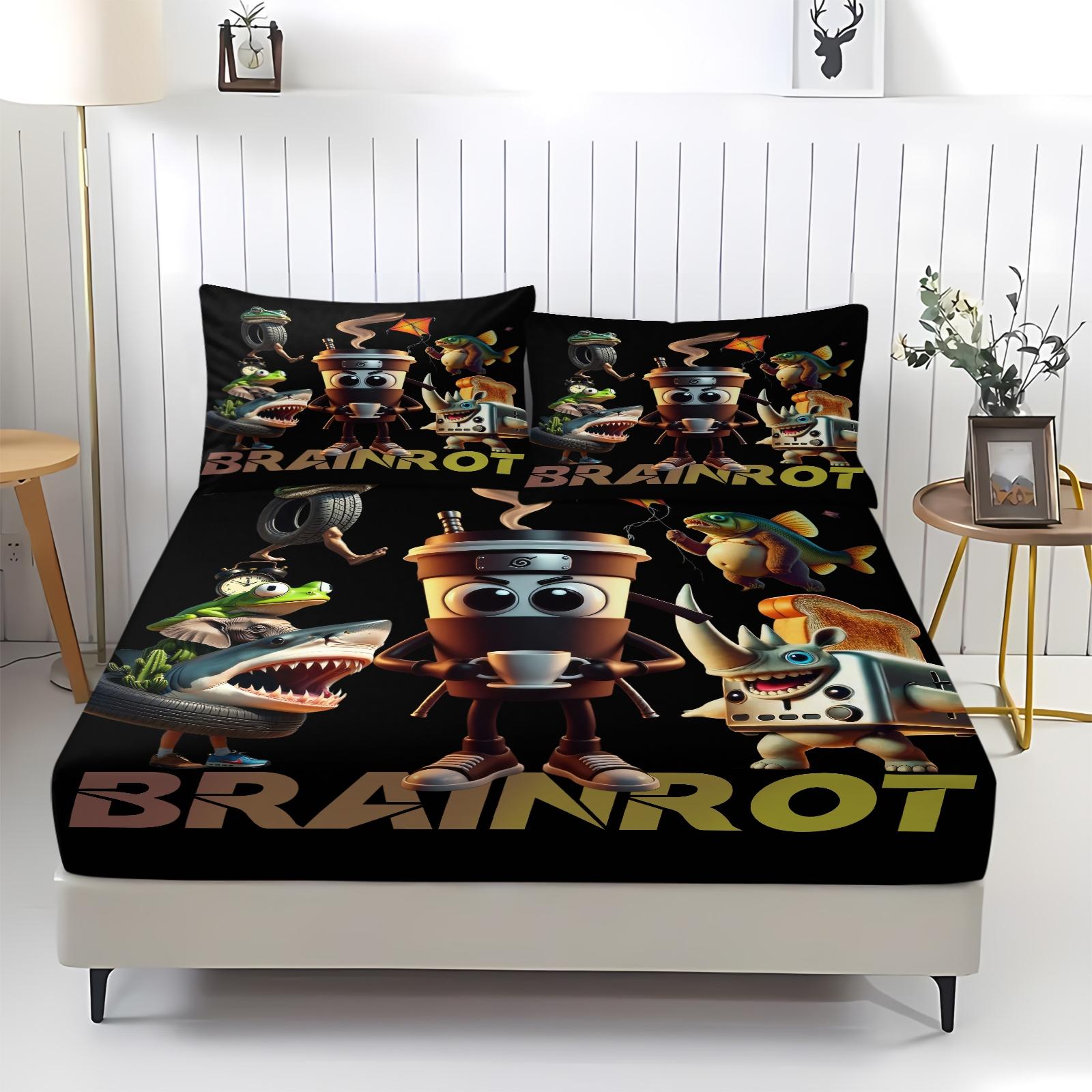3-Piece Set Of Brain Rot Patterned Bed Sheets, Including 1 Bed Sheet And 2 Pillowcases, Comfortable Bedding, Non Slip Suitable For Bedrooms, Suitable For Gifts For Teenagers And Adults