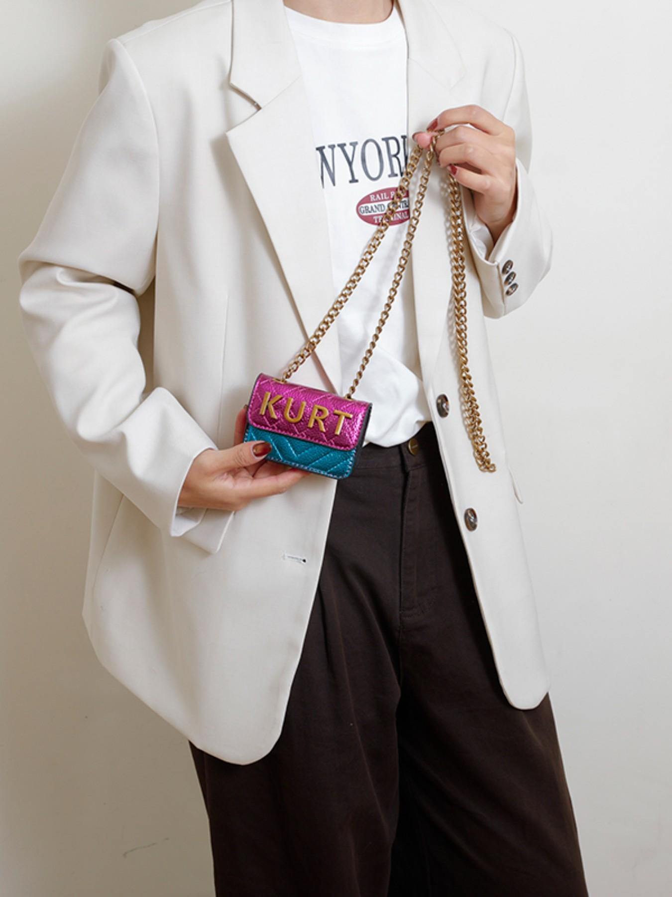 Women's PU Colorblock Crossbody Shoulder Bag, Retro Chain Design Magnetic Closure Letter Decor, Ideal for Parties & Casual, Handbag Shoulder Bag