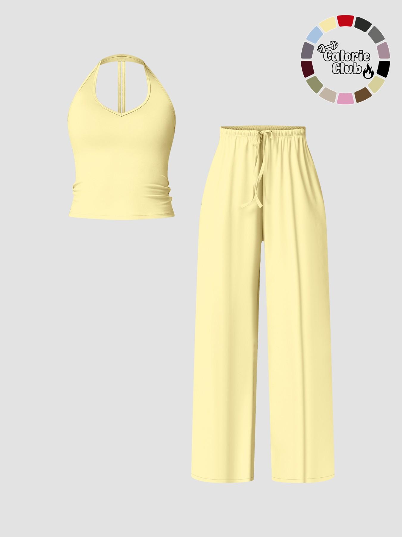Women's Quick-Dry Sports Tank Top, Casual High-Waisted Bell Bottoms, Comfortable Sporty, All-Season Plain Style, Casual Sportswear Set, Casual Sportswear Outfit