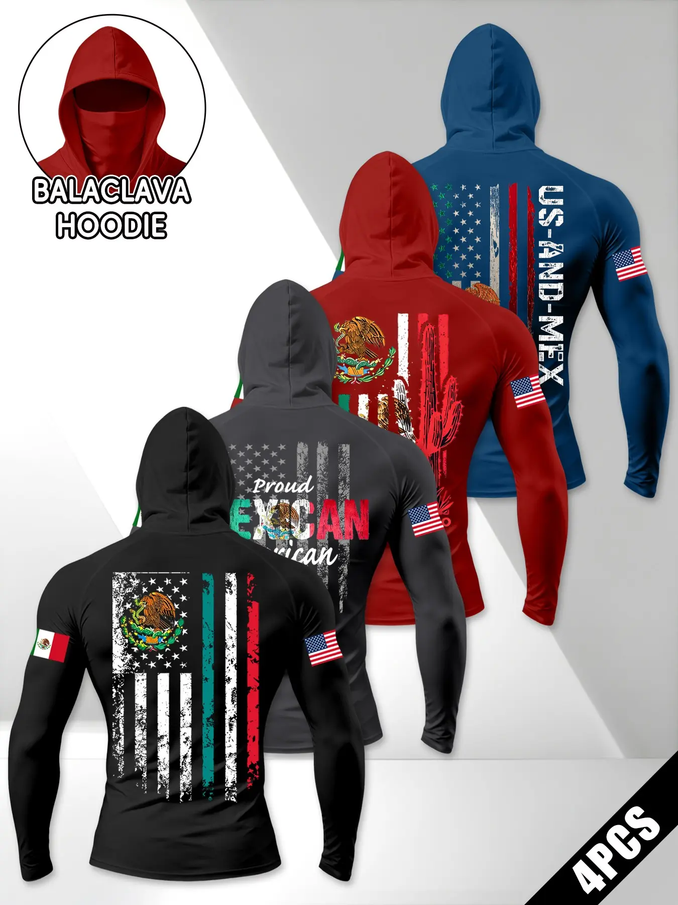 Us & Mex Flag Print Hooded Long Sleeve T-Shirt, Men's Daily Fitness 4-Pack, Vintage Design Muscle Sport Top