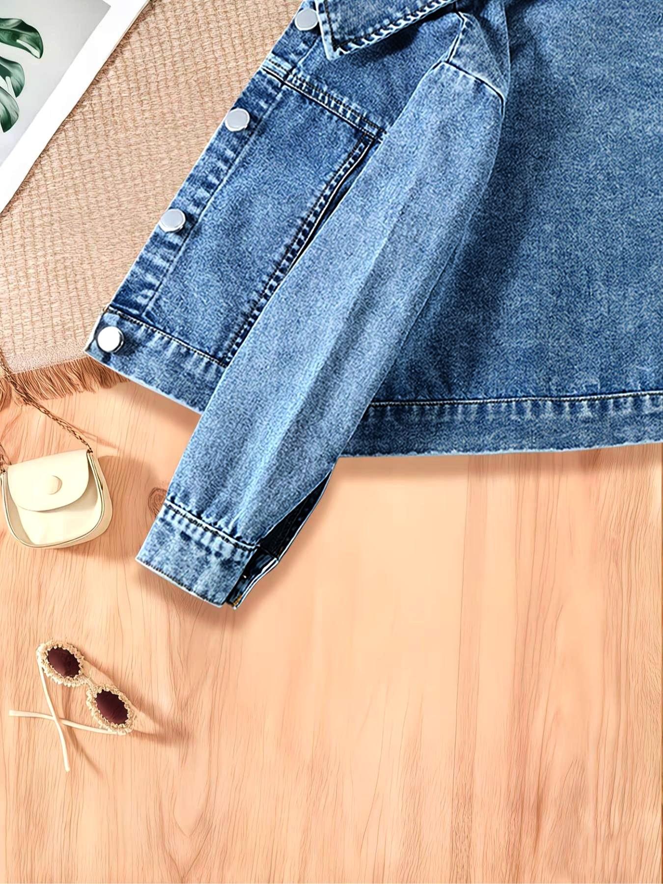 Girls' Cartoon Print Denim Jacket & Short Skirt Suits Set, Casual Fitted Design, Perfect for Spring & Fall, Ages 1-8, Ideal Gift