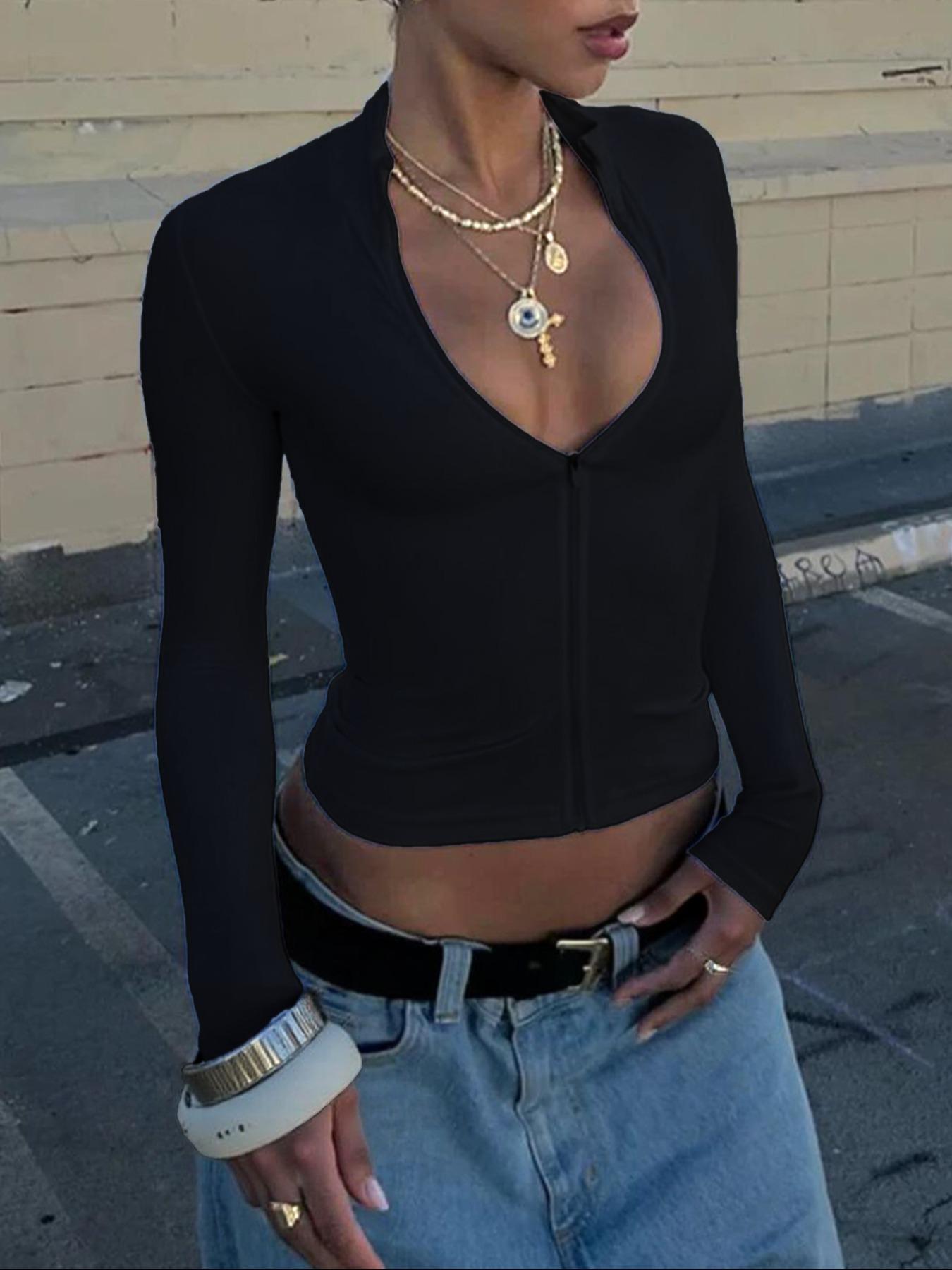 Women White Zip Up Top Deep V Neck Cropped Long Sleeve Slim Fit Shirt Streetwear Fashion Sexy Club Outfit Stretchy, Elastic Fabric Minimal Chic Front Zipper Jacket Y2K Aesthetic Bodycon Crop Top Casual Daily Wear Trendy Going Out Urban Fashion Blouse