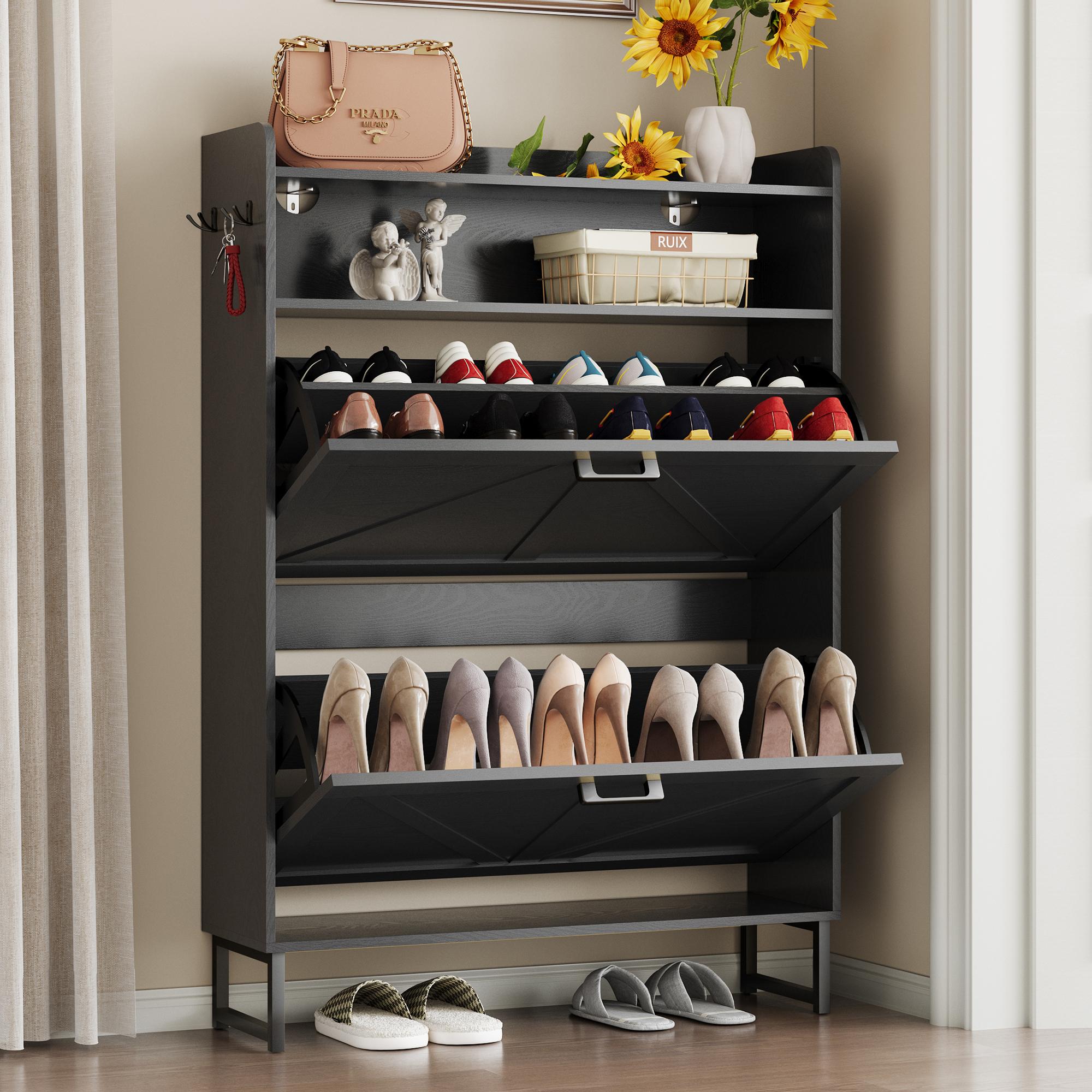 Double drawer ,Freestanding flip shoe cabinet, Slim fit wooden storage cabinet with hidden shelves | Corridor, living room, and bedroom shoe rack ,White