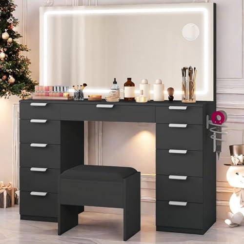 【Dealsforyoudays】Yitahome Vanity Desk Set, 11 Drawers Wood TableTop Vanity with LED/Bulb Light Strip & Extra-Large Mirror, Power Hub & Hair Dryer Rack, 3-Color Modes Adjustable, Storage Bench