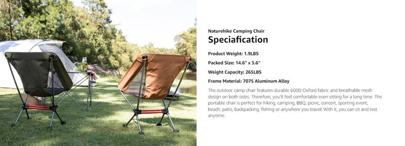 Naturehike YL08/09 Ultralight Camping Chair – 2.12 LBS Lightweight, Portable & Foldable with Anti-Sinking Feet – Ideal for Camping, Hiking & Travel outdoor backpack Folding Outdoorfun Hiking Essentials