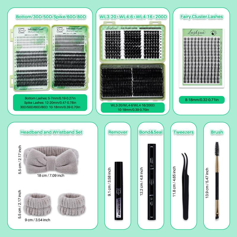 1344PCS/650PCS/540PCS Lash Kit, Eyelash Extensions, D Curl 11 Styles Mixed Length Bottom/Spikes/3D Effect with Bond&Seal Lash Remover Brush Lash Applicator Headband Wristband set, Beginners&Proficient, DIY at Home Easily, for Makeup Daily