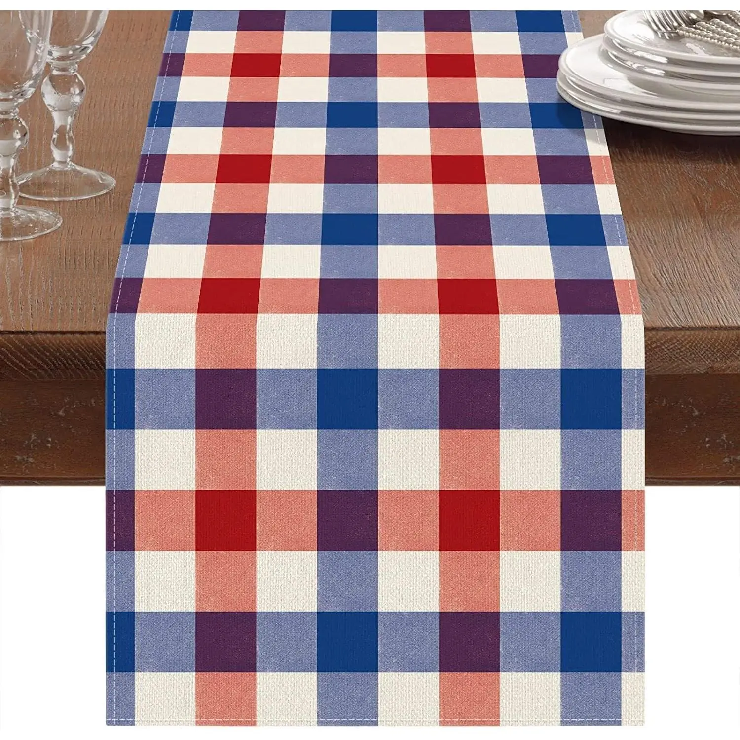 Memorial Day Table Runner 4th of July Plaid Checkered Table Runners Blue Red White Table Center Decoration for Home Kitchen Dining Party Patio (Blue)