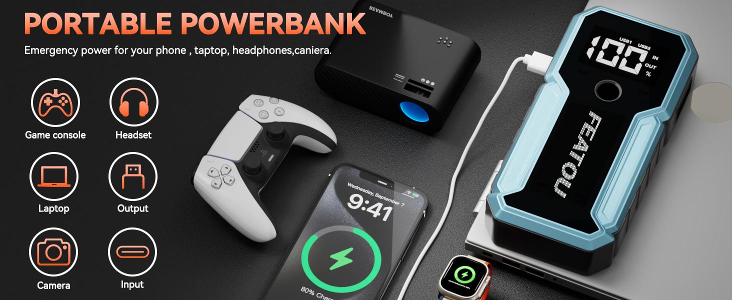 12000mAh Car Battery Jump Starter，start your car with car emergency power starter, which can also charge your phone，There are also three modes of LED lights Outdoorfun Automotive Vehicle