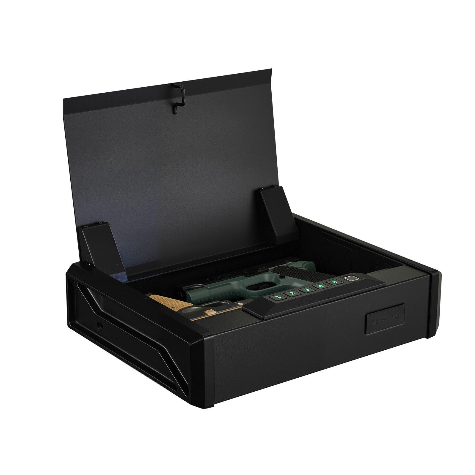 fathersdaygift VEVOR Gun Safe, Heavy Duty Handgun Safe with Fingerprint/Password/Key, 3-Way Quick Access Firearm Case Box with Lighting for 2 Pistols 2 Magazines, Pistol Gun Box for Nightstand Bedside Desk Car