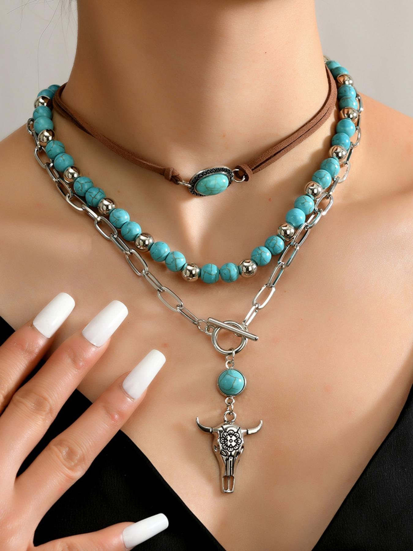 Western Cowboy Necklace Set for Women – Vintage Bull Head Turquoise Pendant with Velvet Choker & Rope Chain Collarbone Necklace, Boho Southwestern Layered Jewelry for Halloween Thanksgiving Christmas New Year Party
