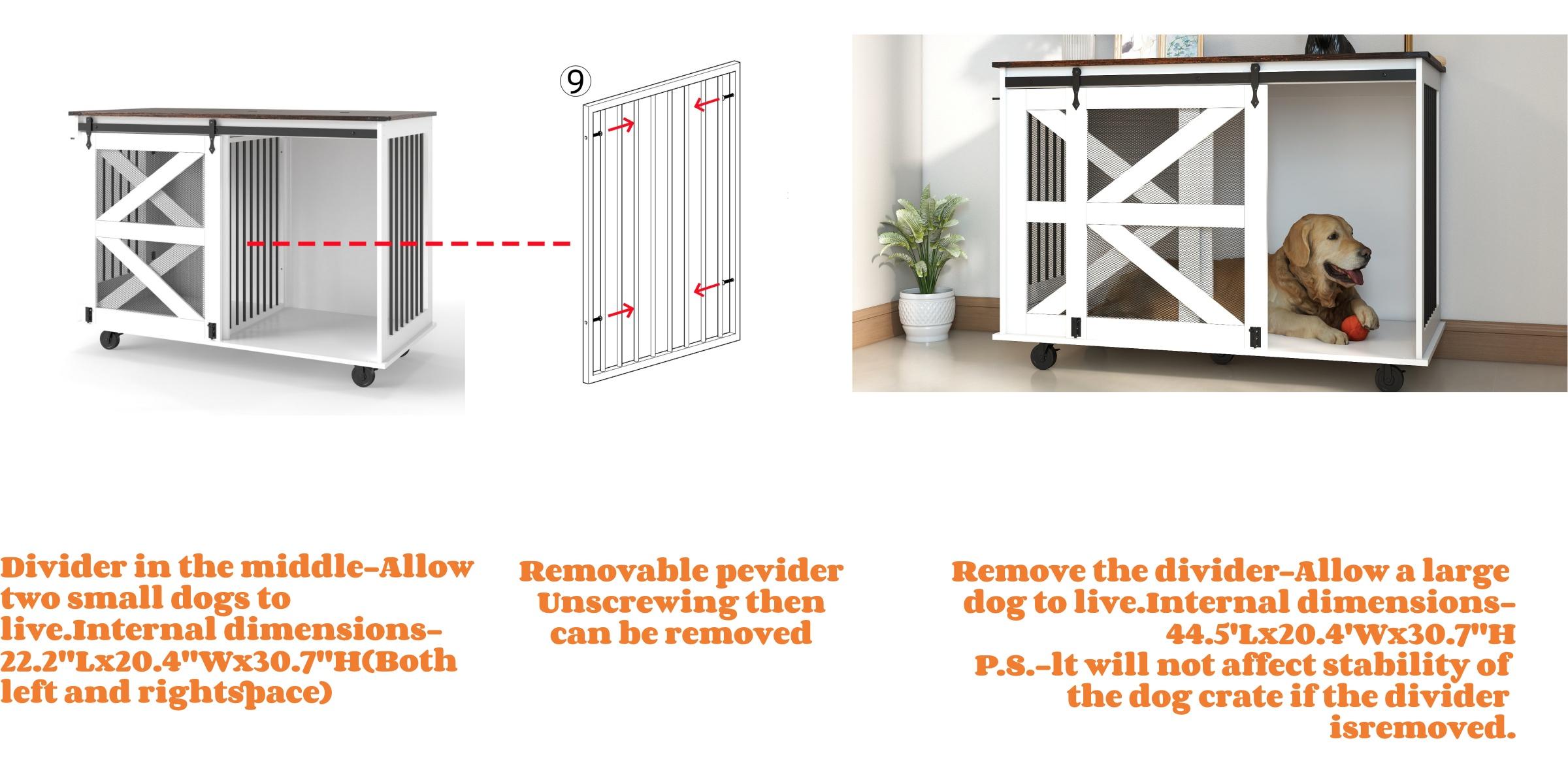 47.2*23.6*34.8 Inch Brown‑White Farmhouse Dog Crate Furniture, Wooden Kennel with Wheels, Removable Divider, Barn Door & Metal Corners for 2 Small Dogs or 1 Large Dog 47.2*23.6*34.8 Inch Brown‑White Farmhouse Dog Crate Furniture, Wooden Kennel with Wheels, Removable Divider, Barn Door & Metal Corners for 2 Small Dogs or 1 Large Dog