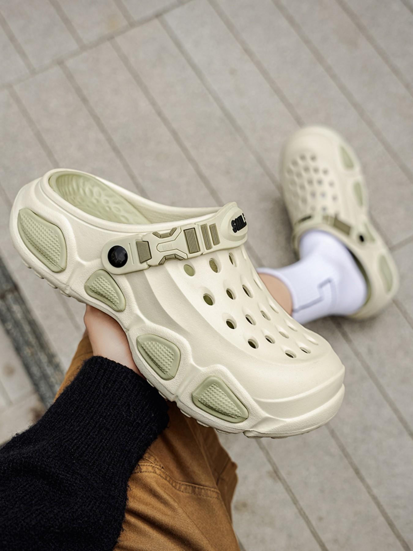 Men's Summer Breathable Holey Shoes, Outdoor Slip-Resistant Thick Sole Sandals, Durable Beach Footwear, Dual Color Flip Flops