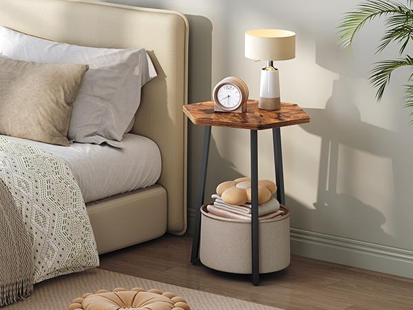 MAHANCRIS Hexagonal End Table, Small Side Table with Fabric Basket, Modern Nightstand, Bedside Table, Coffee Tables for Living Room, Bedroom, Rustic Brown