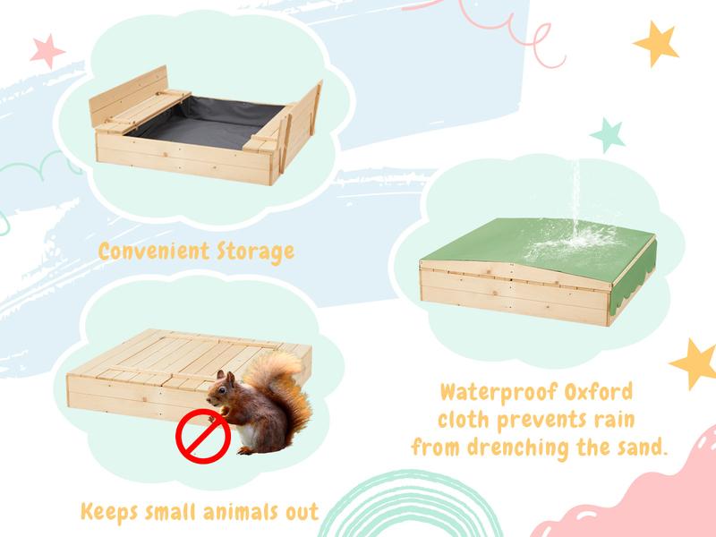 Sandbox with Lid, Kids Sandbox with Cover and Height Adjustable Roof, Outdoor Sandbox with Foldable Bench Seats and Sand Protection Liner for Aged 3-8, Perfect for Backyard Fun , Beach, Lawn Wooden Playtime