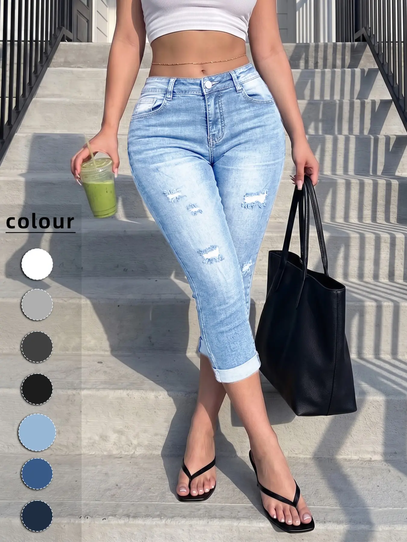 Women's High Waisted Light Wash Denim Capri Pants, Distressed Ripped Rolled Cuff, Slim Fit Y2K Streetwear for Daily Wear, Spring Summer