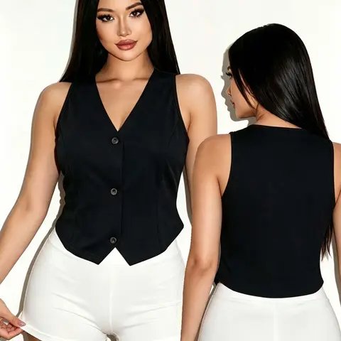 Plus Size Women's Solid Color V-Neck Button-Front Vest, Casual Minimalist Fitted Sleeveless Blazer Top for Daily Wear Sleeveless Minimalist Style