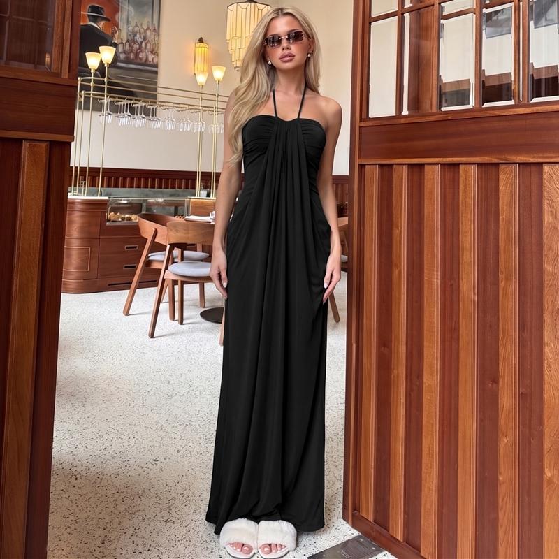 Women's Solid Color Ruched Bodycon Halter Neck Dress, Sexy Sleeveless Strapless Backless Slim Fit Tube Dress, Party Club Date Gown Dress, Elegant Slim Fitting, Casual Daily Maxi Dresses For Ladies Summer