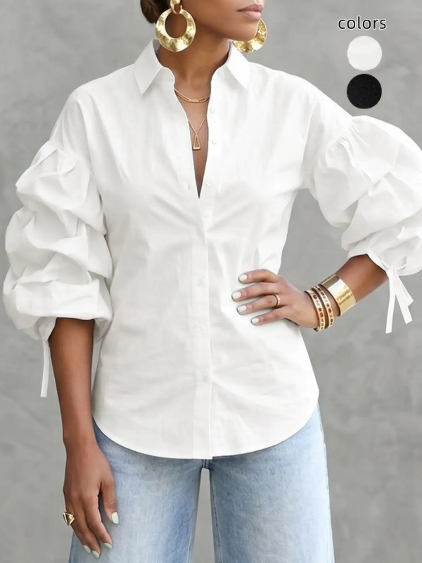 Loose Fit Bubble Sleeve Solid Color Tie Front Collar Blouses Shirt Top, Stylish Casual Wear, Perfect for Daily, Comfortable and Trendy Design
