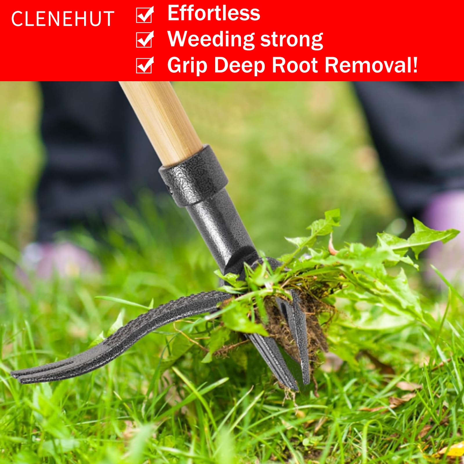 Standing Weed Removal Tool with 4-Prong Steel Head, Long Handle, Manual Grass Puller for Gardens, Lawns, Outdoor Use, No Bending/kneeling