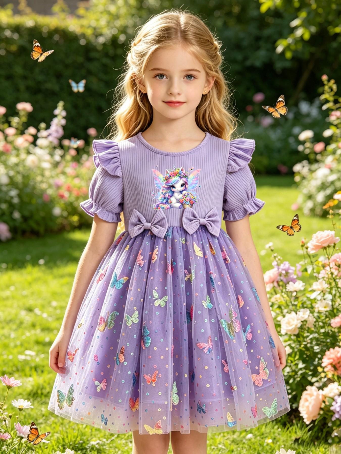 Girls' Elegant Princess Dress, Cartoon Butterfly Print, Slim-Fitting Summer Gown, Perfect for Easter, Valentine's Day, Parties, Gifts, Birthdays