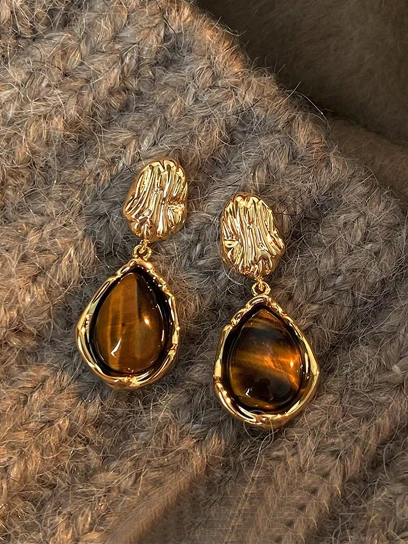 Elegant Tiger Eye Stone Earrings for Women, Vintage Style Amber Color Jewelry, Perfect for Daily Wear, Parties & Formal Events