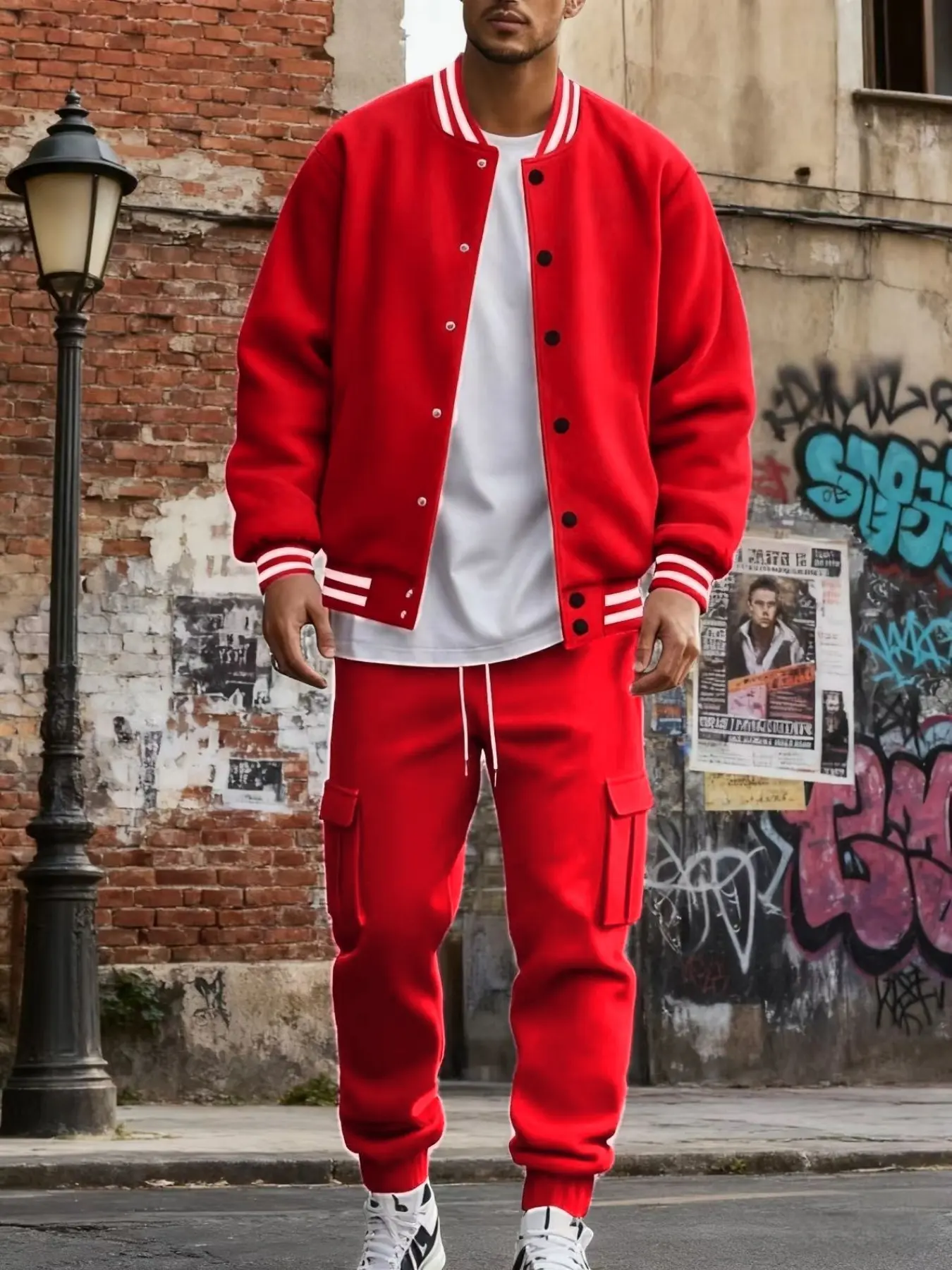 2-piece men's baseball jacket and cargo pants set, Matching Sets, Activewear, Clothes, Garments, warm and windproof, Ribbed Striped Collar/Cuffs, Cargo Pockets, Elastic, suitable for daily casual wear and street sports, boyfriend christmas, Menswear