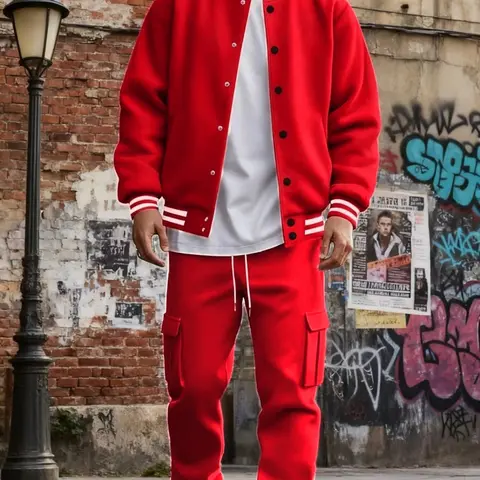 Men's 2-Piece Varsity Jacket and Cargo Jogger Pants Set, Warm Wind-Resistant Outfit with Striped Ribbed Trim, Elastic Drawstring Waist and Cargo Pockets, Casual Streetwear Menswear, Christmas Gift for Boyfriend