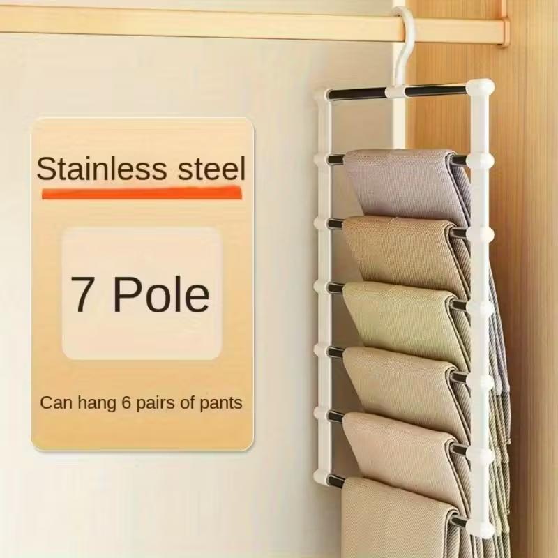 4pack Foldable Multi-Layer Pants Hanger, Stainless Steel Non-Slip Closet Organizer, Space Saving, Adjustable Shelves and Hooks, Durable Plastic Structure