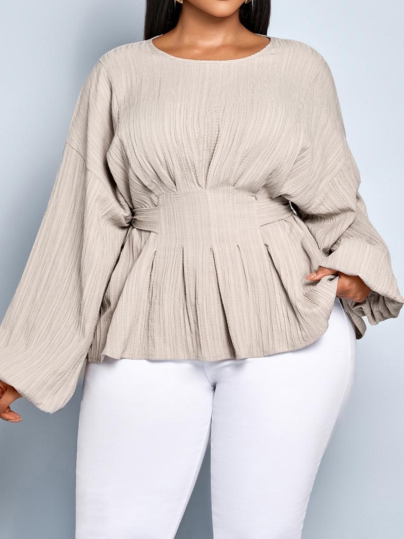 Women's Casual Long Sleeve Shirt Top, Fall & Winter Fitted Plain Bow Design, Large Size Round Neck Back Tie Knot Blouse