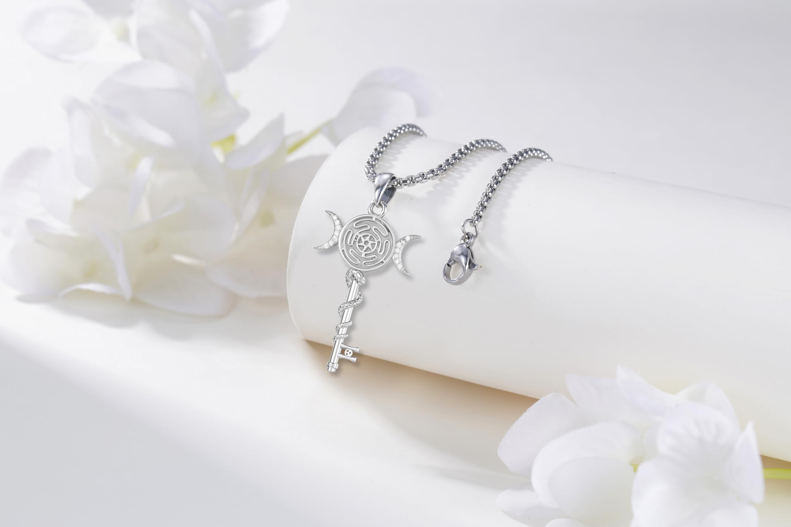 Thanches Hecate Necklace 925 Sterling Silver Triple Moon Goddess Pendant Wiccan Pagan Magic Amulet Jewelry Protection Witchcraft Tetragrammaton Witches Medal Perfect Gift for Women Men