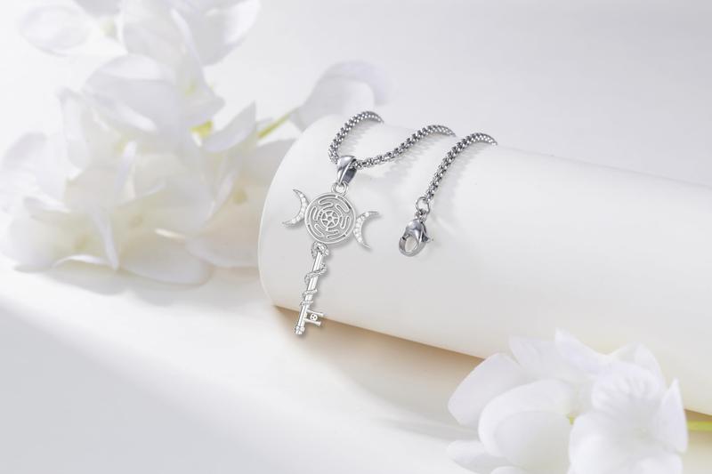 Thanches Hecate Necklace 925 Sterling Silver Triple Moon Goddess Pendant Wiccan Pagan Magic Amulet Jewelry Protection Witchcraft Tetragrammaton Witches Medal Perfect Gift for Women Men
