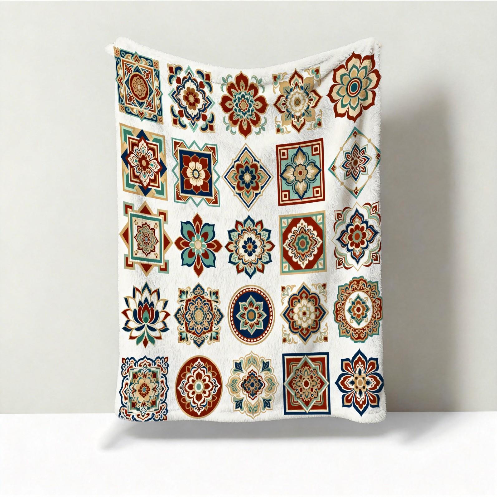 1 Pack Boho Mandala Single-Sided Printed Flannel Blanket, HD Digital Printed Vintage Floral Soft Cozy Blanket, Warm Multi-Use Throw for Sofa, Bedding and Travel, All-Season Ideal Gift Blanket