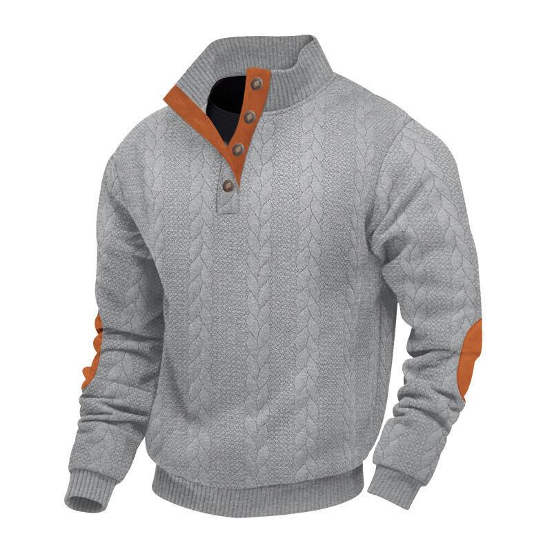Men's Casual Long Sleeve Knit Pullover Sweater - Mock Neck, Button Collar, Elbow Patches Sports & Outdoor Top (Menswear Knitwear, longsleeves) White, Collared Neck sohochic