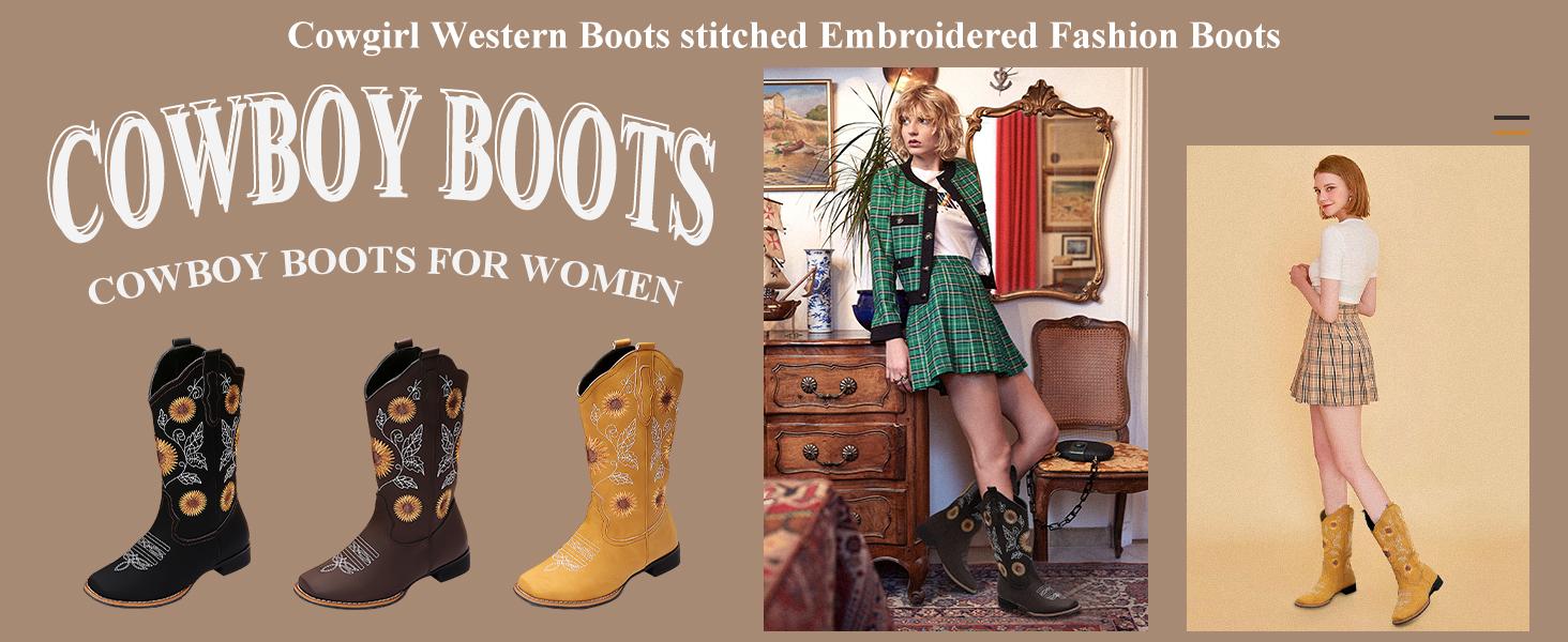 Gloryinterest Western Cowgirl Boots for Women Sunflower Embroidery Square Toe Low Heel US3-11.5 Comfortable Stylish Durable All Season Fashion for Country Music Festivals Rodeos Retro Theme Party Festival Celebrations Daily Wear Gloryinterest Western Cowgirl Boots for Women Sunflower Embroidery Square Toe Low Heel US3-11.5 Comfortable Stylish Durable All Season Fashion for Country Music Festivals Rodeos Retro Theme Party Festival Celebrations Daily Wear
