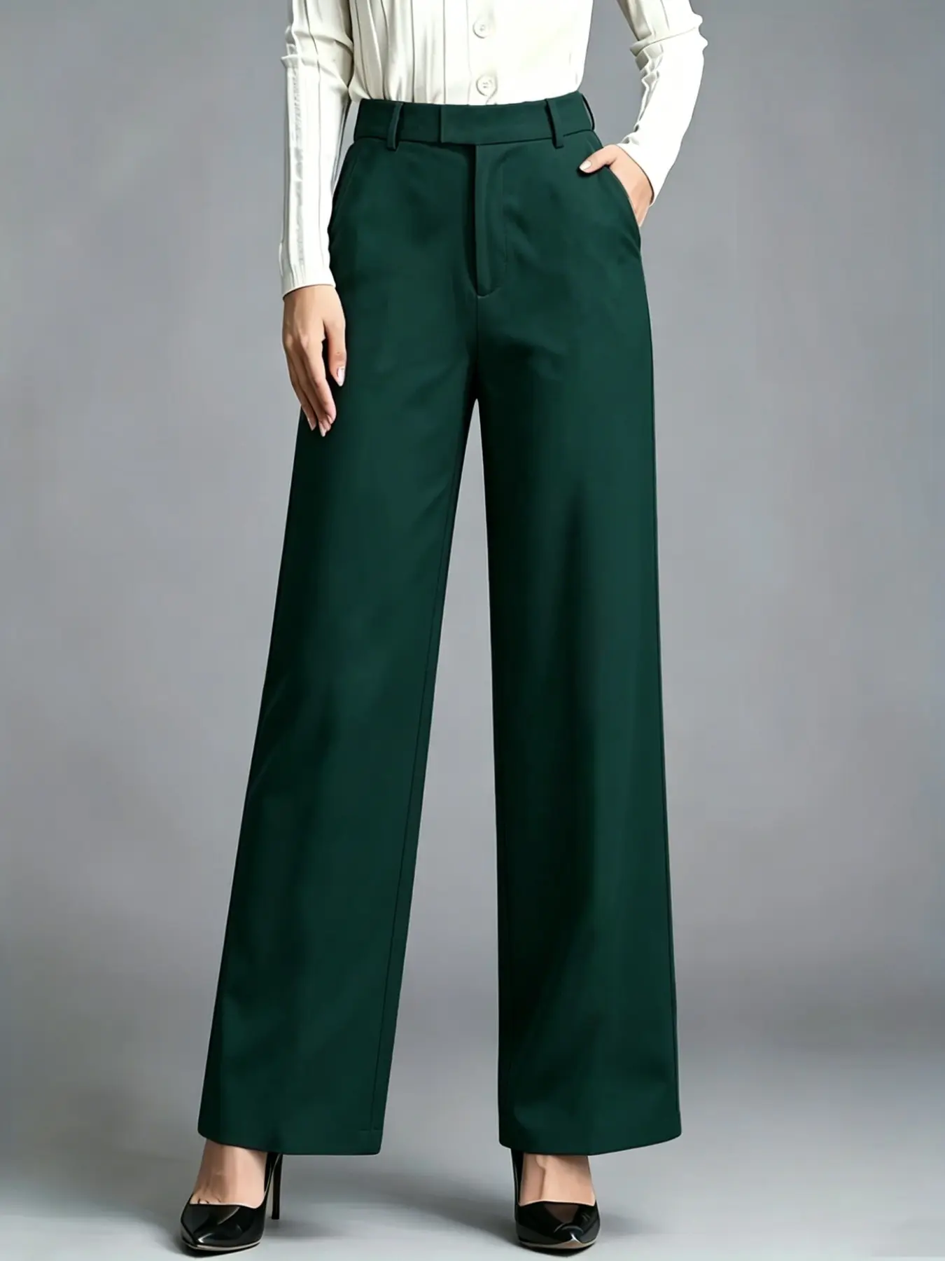 New Women's Solid Color Suit Pants with Pockets and Hidden Buttons, Elegant Fashion Office Wear, Versatile Wide Leg Trousers