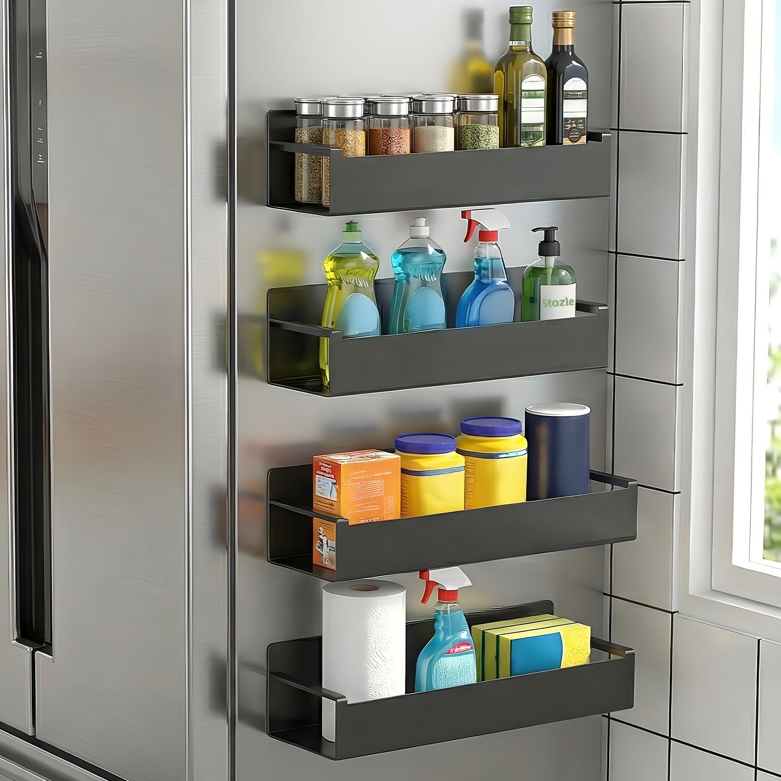 1 Set Magnetic Side Storage Rack, Magnetic Attachment, Universal for Refrigerator & Washing Machine Side - Easy to Install, No Drilling Required, Stylish Black Metal Finish. Wall-Mounted Spice Organizer, Suitable for Storing Laundry Essentials.