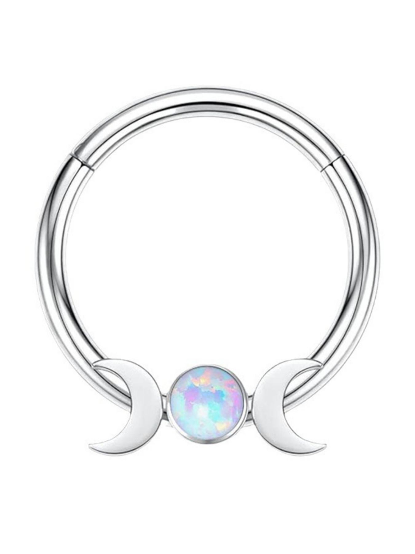 Moon Opal Septum Ring for Women, Stainless Steel Nose Ring Hoop, Double Crescent Cartilage Earring, Minimalist Piercing Jewelry, Aesthetic Gift