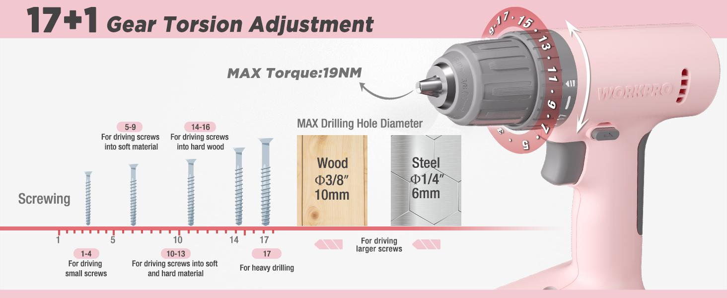 #SpringGlowUp WORKPRO Cordless Drill Driver Set, 12V Electric Power Drill Tool Kit with 6 Counts Bits, 3/8-Inch Keyless Chuck, Variable Speed, 18 Touque Setting, Type-C Charge Cable, Led Light, Pink Ribbon